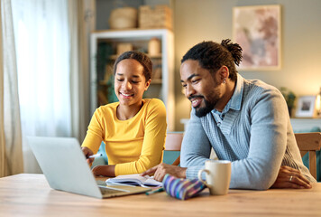 father child home family homework daughter girl cheerful teenage parent education laptop teen...