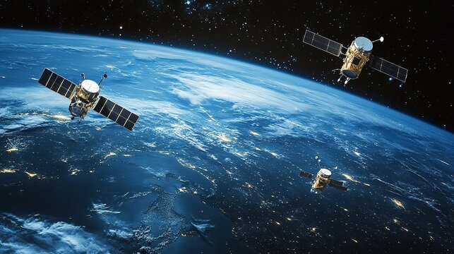 A stunning view of Earth with multiple satellites orbiting, showcasing the vastness of space and advanced technology in satellite communications.