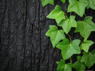 A cluster of wild ivy climbing up the trunk of an old oak tree, adding life and greenery to the bark