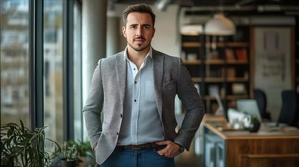 Portrait of a businessman in a gray blazer and blue jeans standing in a modern office.