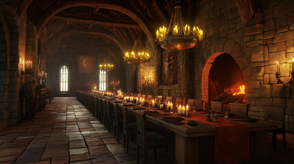 A medieval castle dining hall with long tables and candles, stone walls, a fireplace