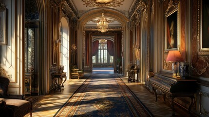 Sunlit Hallway in a Gilded Mansion