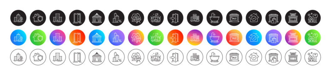 Market sale, Mortgage and Buying house line icons. Round icon gradient buttons. Pack of Market, University campus, Bath icon. Buildings, Arena, Open door pictogram. Vector