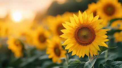 Fototapeta premium A field of tall sunflowers with their faces turned toward the sun, surrounded by green foliage