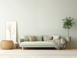 Wabi sabi and japandi japanese style rustic interior. Sage stucco wall, sage couch with neutral throw and some pillows. Rustic minimalist interior.
