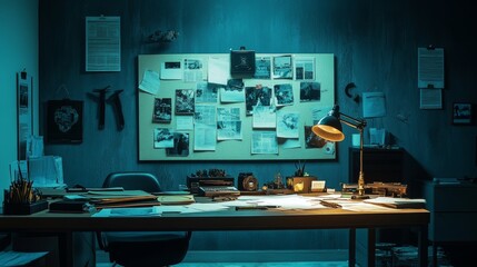 Detective board with clues over desk in police archive, crime scene photos connected on wall and case files in investigation office. Empty incident room with forensic evidence and surveillance. 