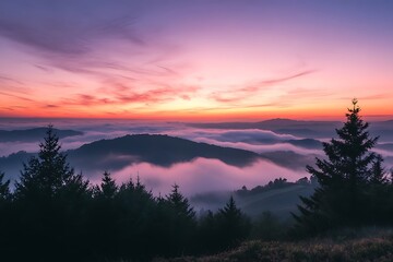Misty mountain landscape with pink and purple sunset sky, nature photography