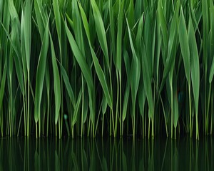 A dense thicket of reeds and grasses growing along the edge of a quiet pond, lush and green