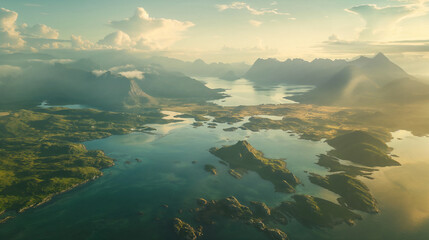 Fototapeta premium Aerial view of beautiful islands and blue sea at Lofoten in Norway