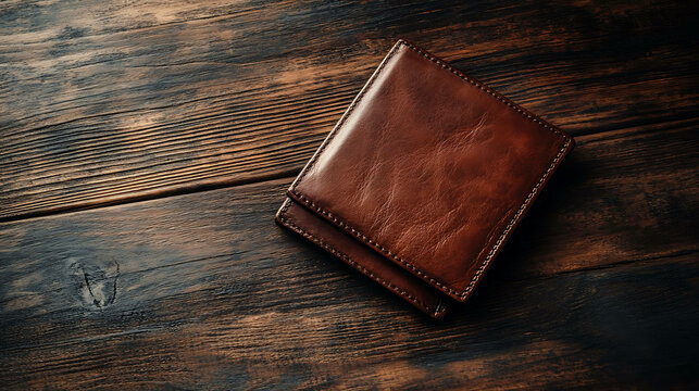 Brown leather wallet on dark wood background.