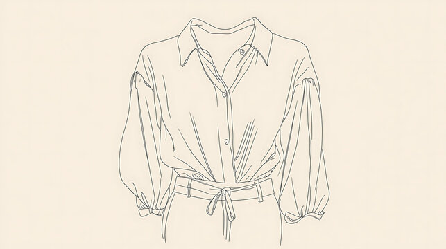 recommend clip art: A line drawing of a woman's button down shirt with puffed sleeves and a tie belt.