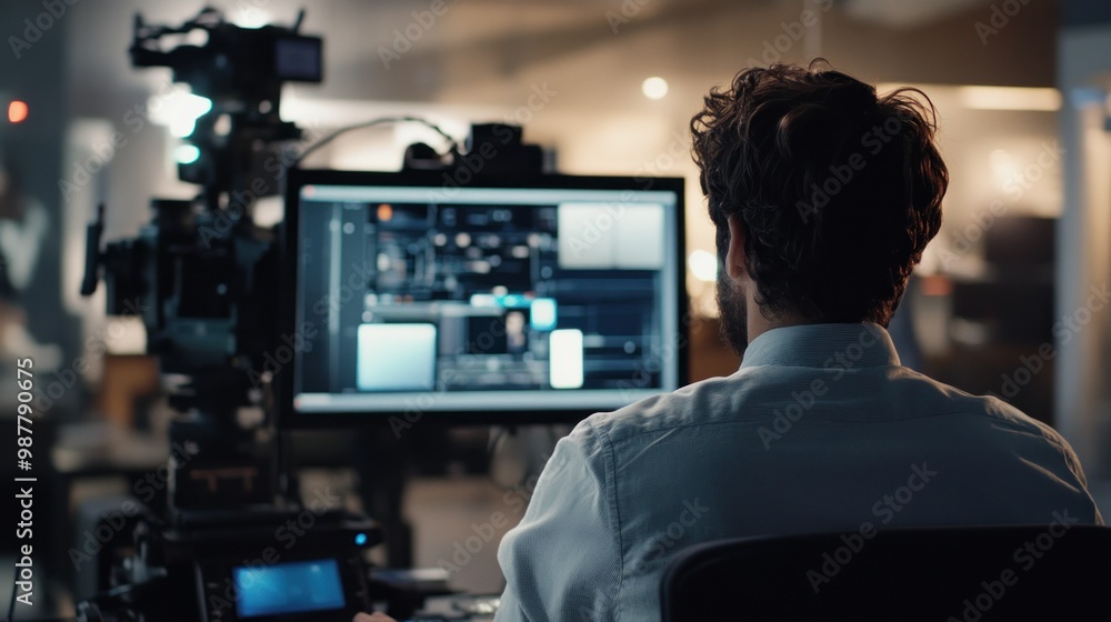 Poster man editing footage on computer in studio with camera equipment