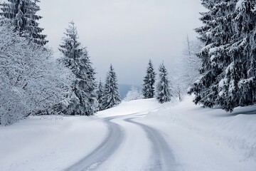 Snowy Forest Road with Evergreen Trees in Winter
