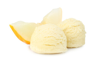 Scoops of melon sorbet and fresh fruit isolated on white