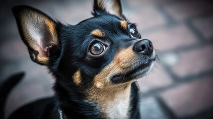 A close-up of a curious black and tan dog looking up.