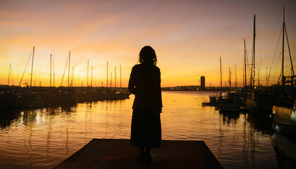 Fototapeta premium Silhouette of Person Against a Sunset Harbor Skyline