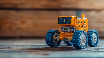 Fototapeta premium A bright robotic toy explores its surroundings with excitement in a playful space