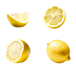 Set of four lemon slices and one whole lemon isolated on transparent background