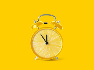 Juicy lemon on alarm clock dial against yellow background. Creative poster