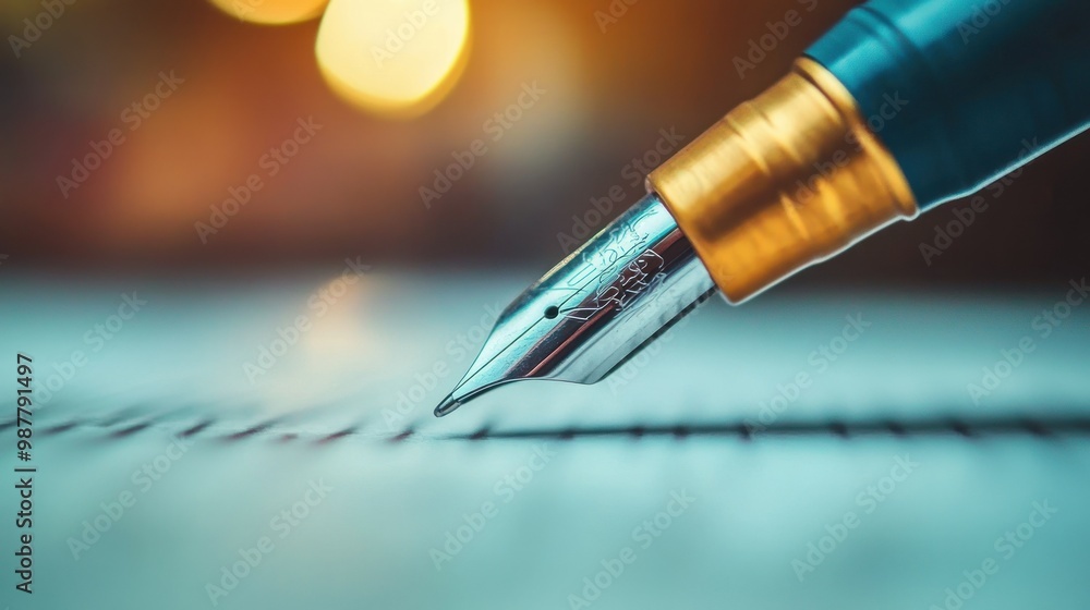 Poster close-up of a fountain pen nib hovering above a sheet of paper