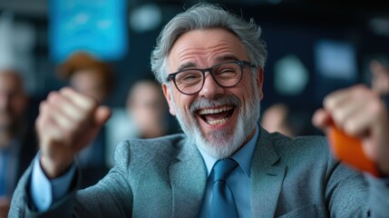 Happy Mature Businessman Celebrating Success in Meeting