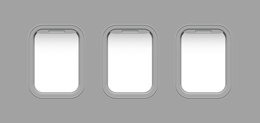 Airplane windows, view from inside cabin with grey sidewall
