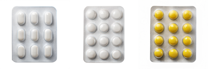 The image shows three blister packs containing various pills: two packs with white tablets and one with yellow tablets. Isolated on transparent or white background.