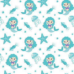 Obraz premium Cute Mermaid with Starfish, Squid, and Jellyfish Seamless Pattern, Vector Illustration for Kids Fashion, Greeting Cards, T-shirt, Textile Prints, and Wallpapers