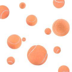 Fototapeta premium Many coral tennis balls flying on white background