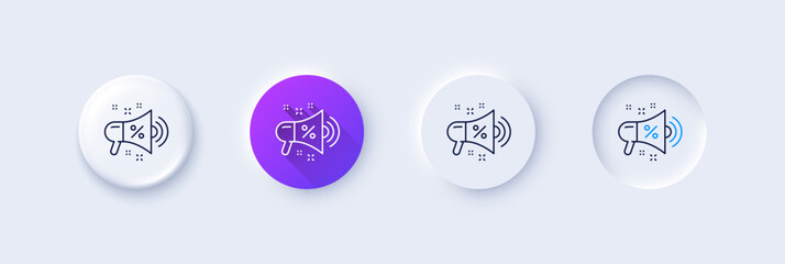 Sale megaphone line icon. Neumorphic, Purple gradient, 3d pin buttons. Discount shopping sign. Clearance symbol. Line icons. Neumorphic buttons with outline signs. Vector