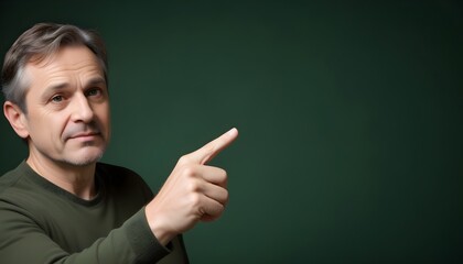 A middle-aged man pointing his finger against a dark green background