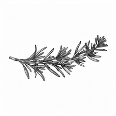 Hand-drawn black and white illustration of a sprig of rosemary.