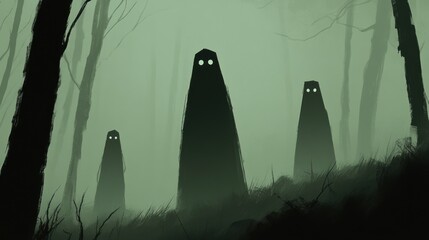 Three ghostly figures in black cloaks stand in a foggy forest, and the dark, magical atmosphere evokes a surreal, spooky Halloween night.