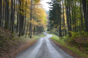 Fototapeta premium Winding Forest Road with Autumn Foliage