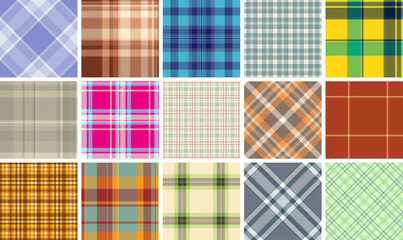 A stylish set of checkered plaid patterns in trendy colors, perfect for shirts, textiles, and old-fashioned clothing prints.