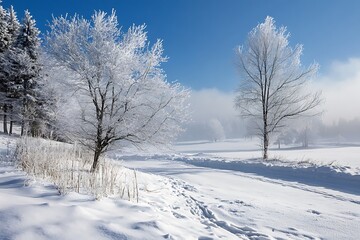 Snowy winter landscape with frosted trees, blue sky, and road in the distance