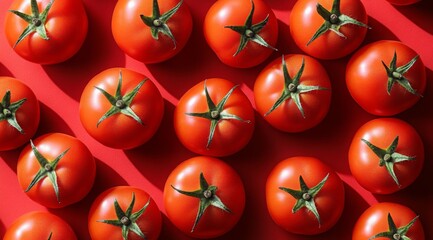 Red tomatoes on a red background top view