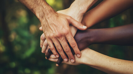 A close-up of hands from different ethnic backgrounds overlapping each other. Human Fraternity Day.