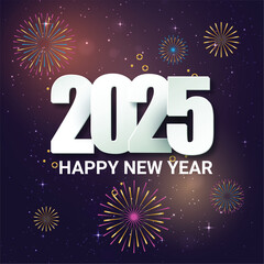 Fototapeta premium Happy New Year 2025 cover. Golden numbers with Christmas decoration and confetti on dark blue background. Holiday greeting card for your design.