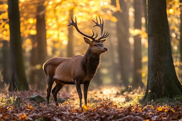 Majestic Red Deer Stag with Large Antlers in Autumn Forest