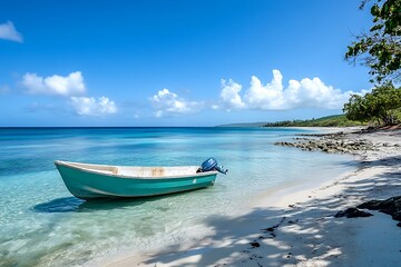 Obraz premium Blue Boat on a Pristine Tropical Beach with Clear Water