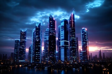 Obraz premium A futuristic cityscape with glowing skyscrapers, symbolizing technological advancements and smart cities