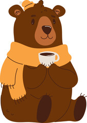 Cute Bear Holding Coffee in Winter Scarf