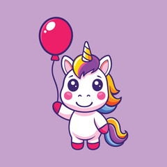 Cute Unicorn Floating With Balloon Cartoon Vector Icon Illustration