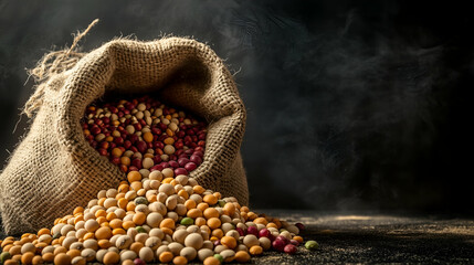 
A vibrant display of various pulses--lentils, chickpeas, black beans, and kidney beans on a rustic wooden table. World pulses Day.
