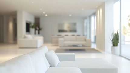 Stunning minimalist living room design with blurred background. Ultra-modern interior featuring bright white tones and contemporary furnishings, perfect for showcasing luxury. 