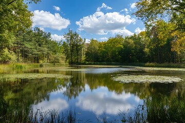Peaceful forest pond with blue sky and white clouds reflected in water