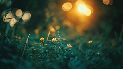 A serene sunset illuminating delicate flowers in a lush green environment.