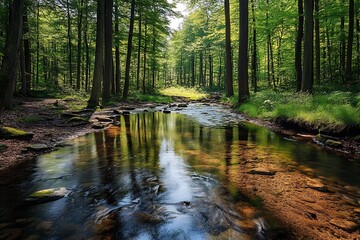 Fototapeta premium Tranquil Forest Creek, Lush Green Trees Reflecting in Still Water