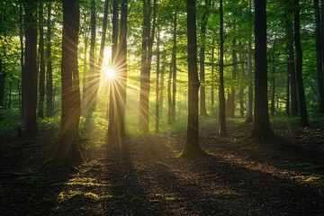Obraz premium Sunrise in a green forest with sunlight filtering through the trees